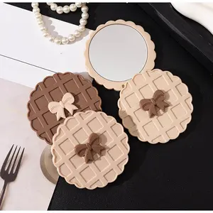 Cute Coffee Color Waffle Small Mirror Portable Makeup Mirror for Girls High-Definition Rotating Round Mirror