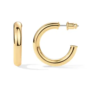 Chunky Gold Hoop Earrings for Women 14K Real Gold Plated, Hypoallergenic Post Gold Hoops for Women