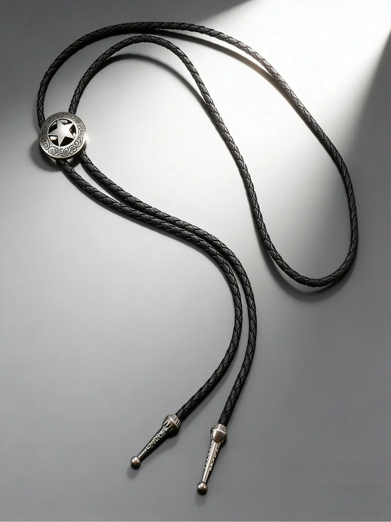 Black Braided Leather Bolo Tie Necklace, Vintage Western Cowboy Style Jewelry with Antique Metal Star Badge & Decorative Cord Tips Detail, for Men, Western-themed Events, Cosplay & Daily Occasions