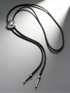 Black Braided Leather Bolo Tie Necklace, Vintage Western Cowboy Style Jewelry with Antique Metal Star Badge & Decorative Cord Tips Detail, for Men, Western-themed Events, Cosplay & Daily Occasions