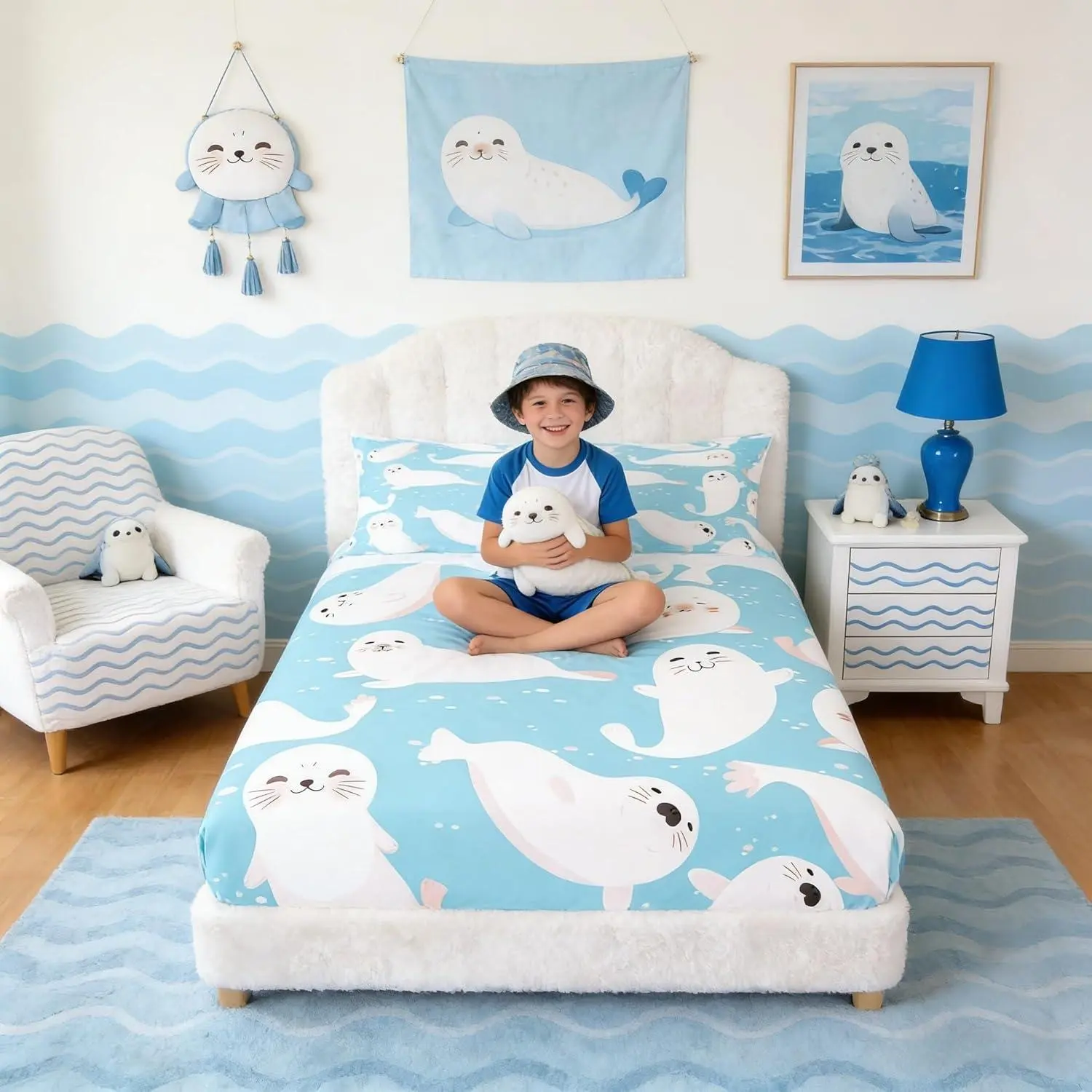 Light Blue Background Bedding Set for Teens White Seal Animal Sheet Set,Microfiber Polyester Fitted Sheet with Deep Pocket (1 Fitted Sheet )