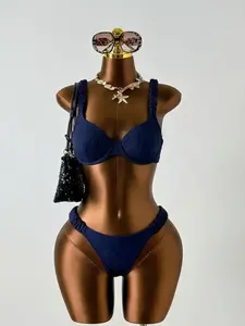 Women's Solid Color Bikini Top and Bottom Set, Fashion Swimsuit, Ruched Swim Suits, Ruched Bikini Bottoms, Perfect for Vacation and Beach Wear, Comfortable Fit for All Body Types