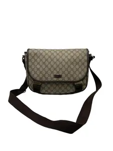 Pre-owned GUCCI Beige Monogram Canvas & Brown Leather Trim Messenger Bag/WJ04128215/8215