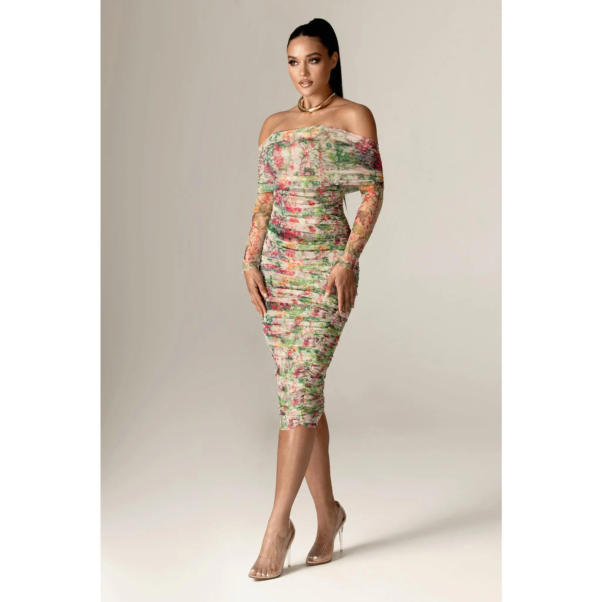 Hayley Off Shoulder Midi Dress - Floral Serenade | Long Sleeves Bodycon Ruched Mesh Dress with Built- Hayley Off Shoulder Midi Dress - Floral Serenade | Long Sleeves Bodycon Ruched Mesh Dress with Built-