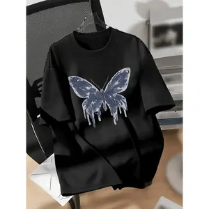 Butterfly Print T-shirt, Short Sleeve Crew Neck, Graphic Print, Comfortable and Breathable for Summer & Spring