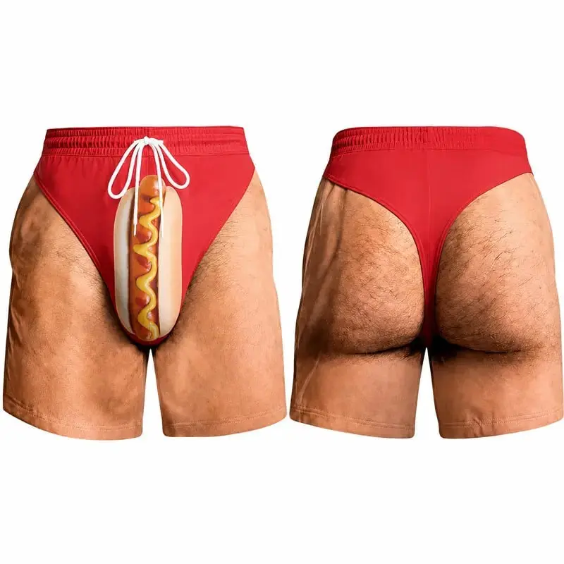 Funny Hot Dog Men’s Swim Trunks - Novelty 3D Body Print Beach Shorts
