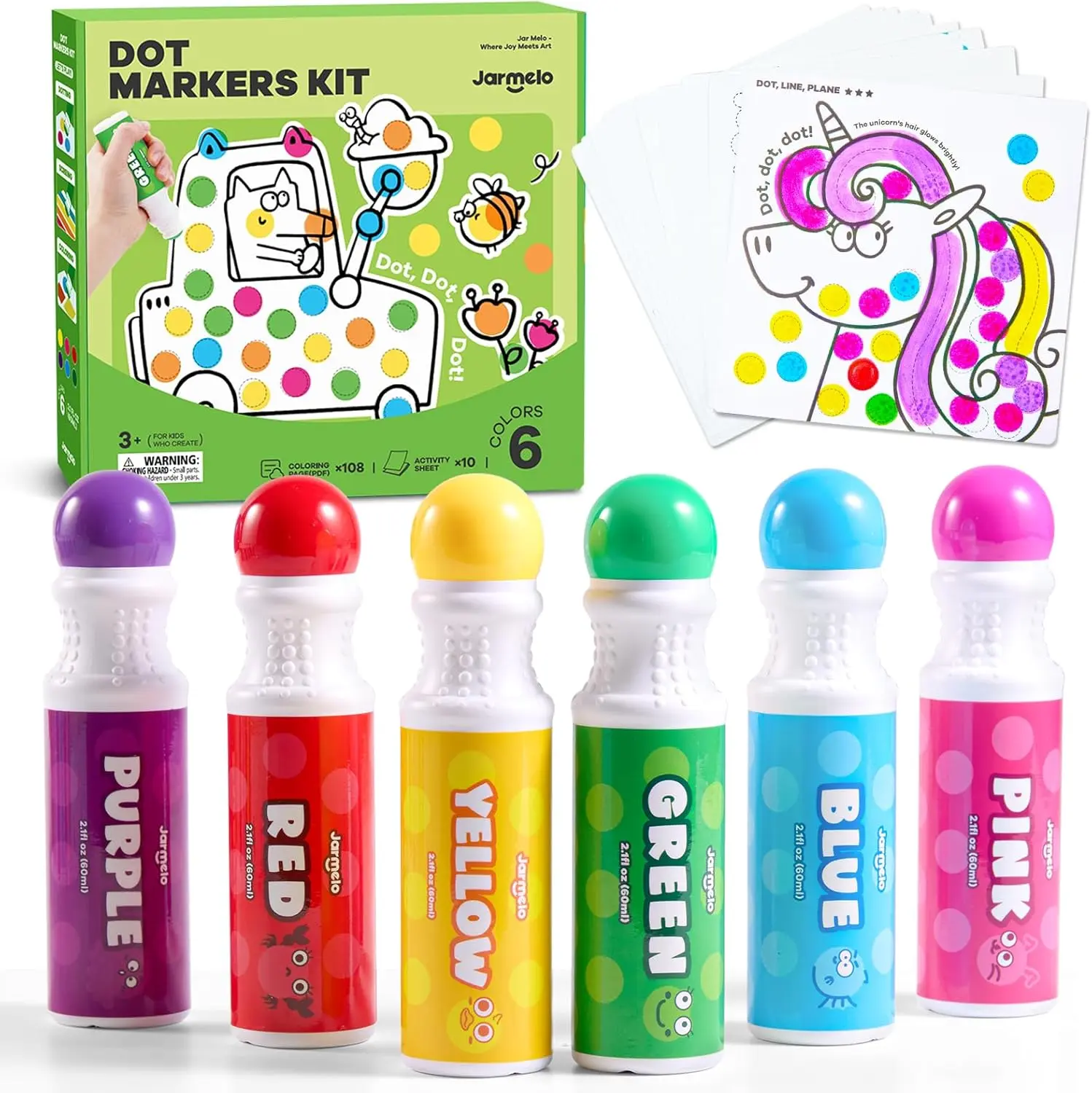 Jar Melo Toddler Washable Dot Markers - 6-Color Non-Toxic Bingo Markers with 120 Printed PDFs & 10 Activity Papers for Kids Arts and Crafts Gifts