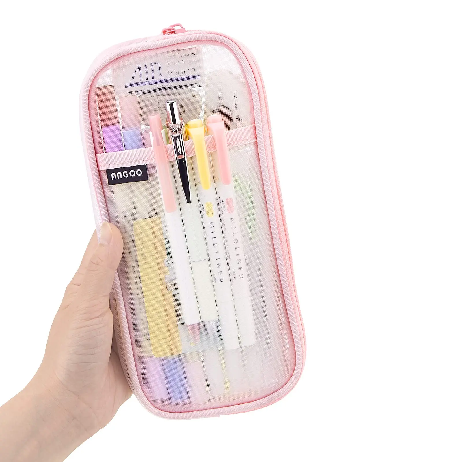 Grid Mesh Pen Pencil Case with Zipper Clear Makeup Color Pouch Cosmetics Bag Multi-Purpose Travel School Transparent Stationary Bag Office Organizer Box