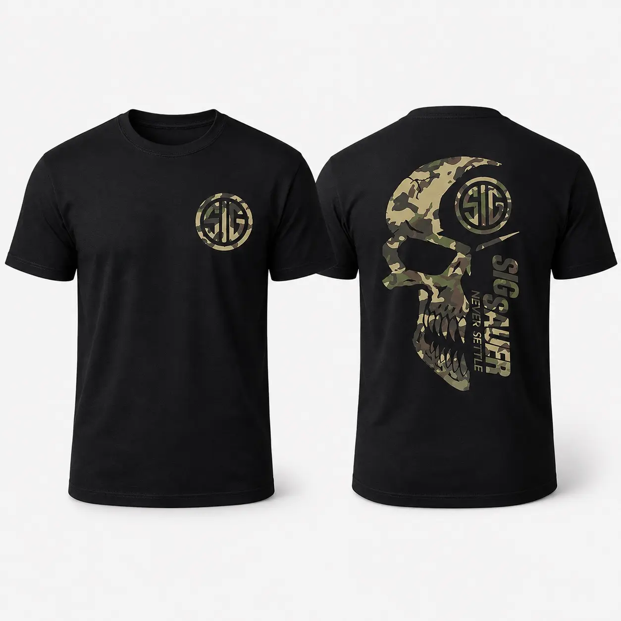 Camo Skull T-Shirt, Tactical Front Back Graphic Tee, Military Style Outdoor Shirt, Black Streetwear Gift for Men