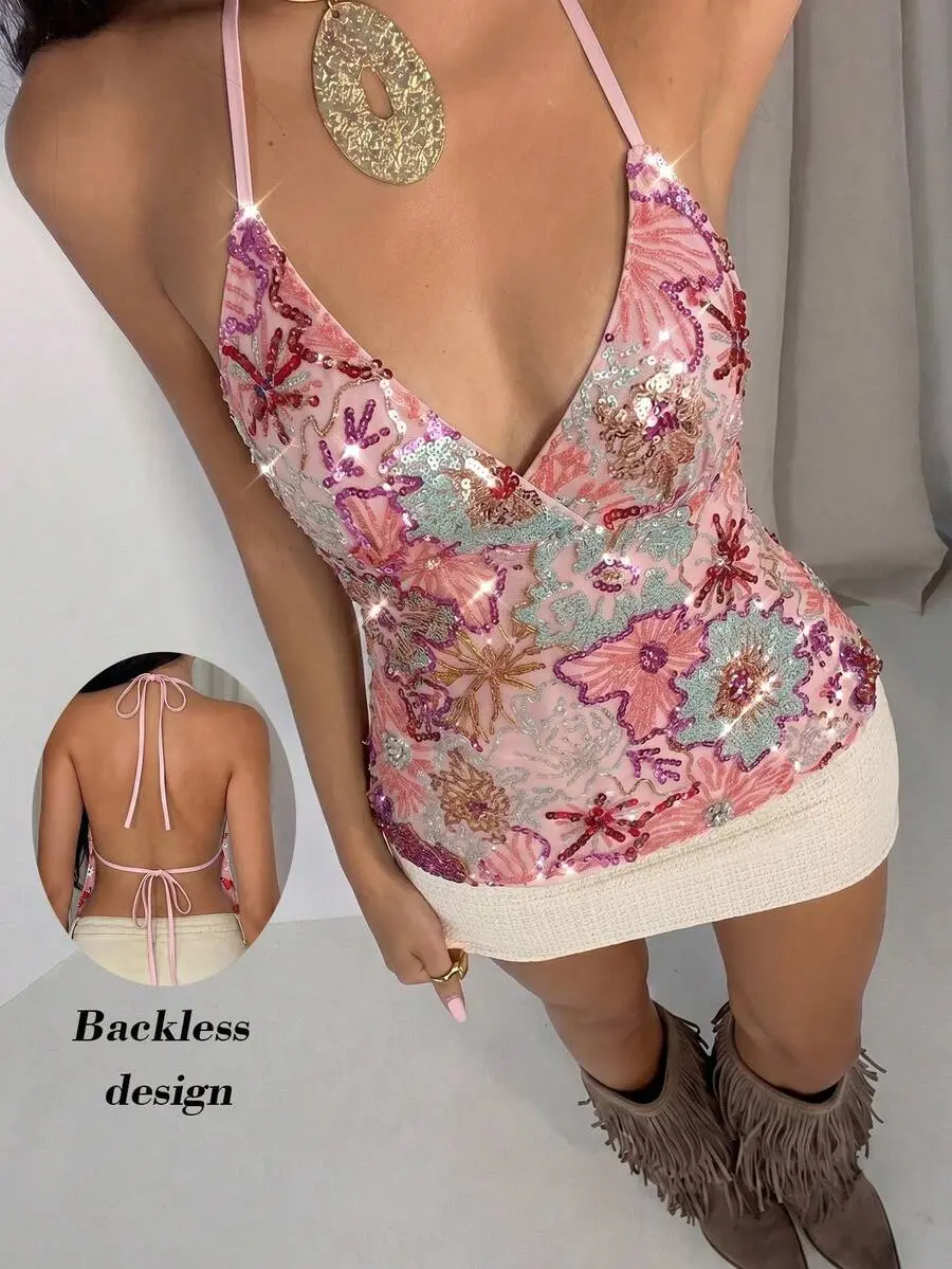 YASMINE Green Sequin Embroidered Spaghetti Strap Lace-Up Backless Tank Top, Fashion Sexy Vacation Top,