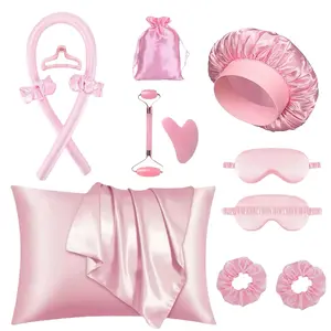 12pcs No Heat Curling Set, Heatless Hair Curlers, Night Skincare Kit, Satin Pillowcase, Jade Roller, Eye Mask, Sleep Cap, Smooth Hair, Clear Skin