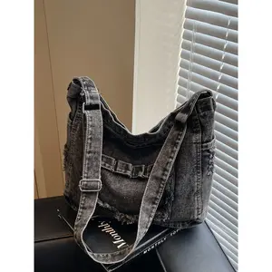 Women's Solid Color Denim Shoulder Bag, Denim Shoulder Satchel, Fashionable Temperament Shoulder Bag, Versatile Travel, Shopping, Shoulder Bag