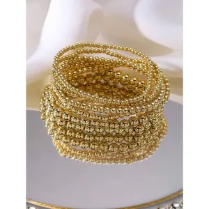 7Pcs Women's 14K Gold Plated Bracelet Set, Pearl Beaded Bohemian Layered Stackable Bracelets, Elastic Comfort Jewelry Gift for Ladies
