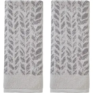 100% Turkish Cotton Distressed Leaves 2-Piece Hand Towel Set - 600 GSM, Soft & Absorbent Jacquard, Decorative for Bath, Kitchen, Bar, Gray