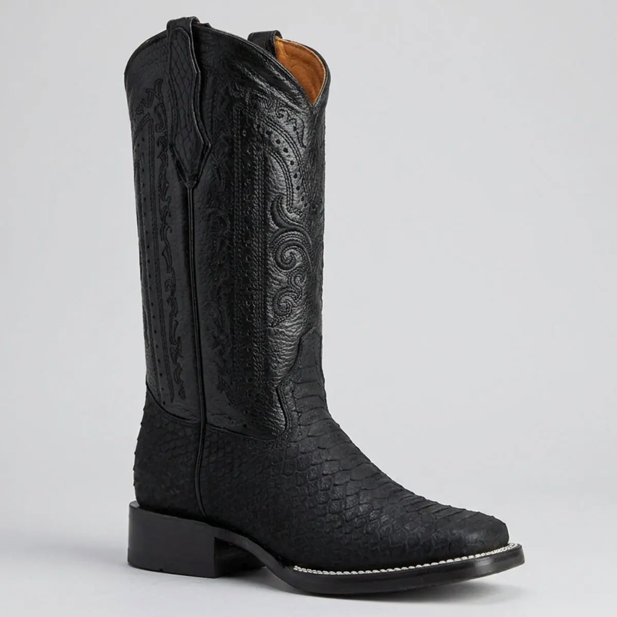 Women's Black Python Print Square Toe Cowboy Boots