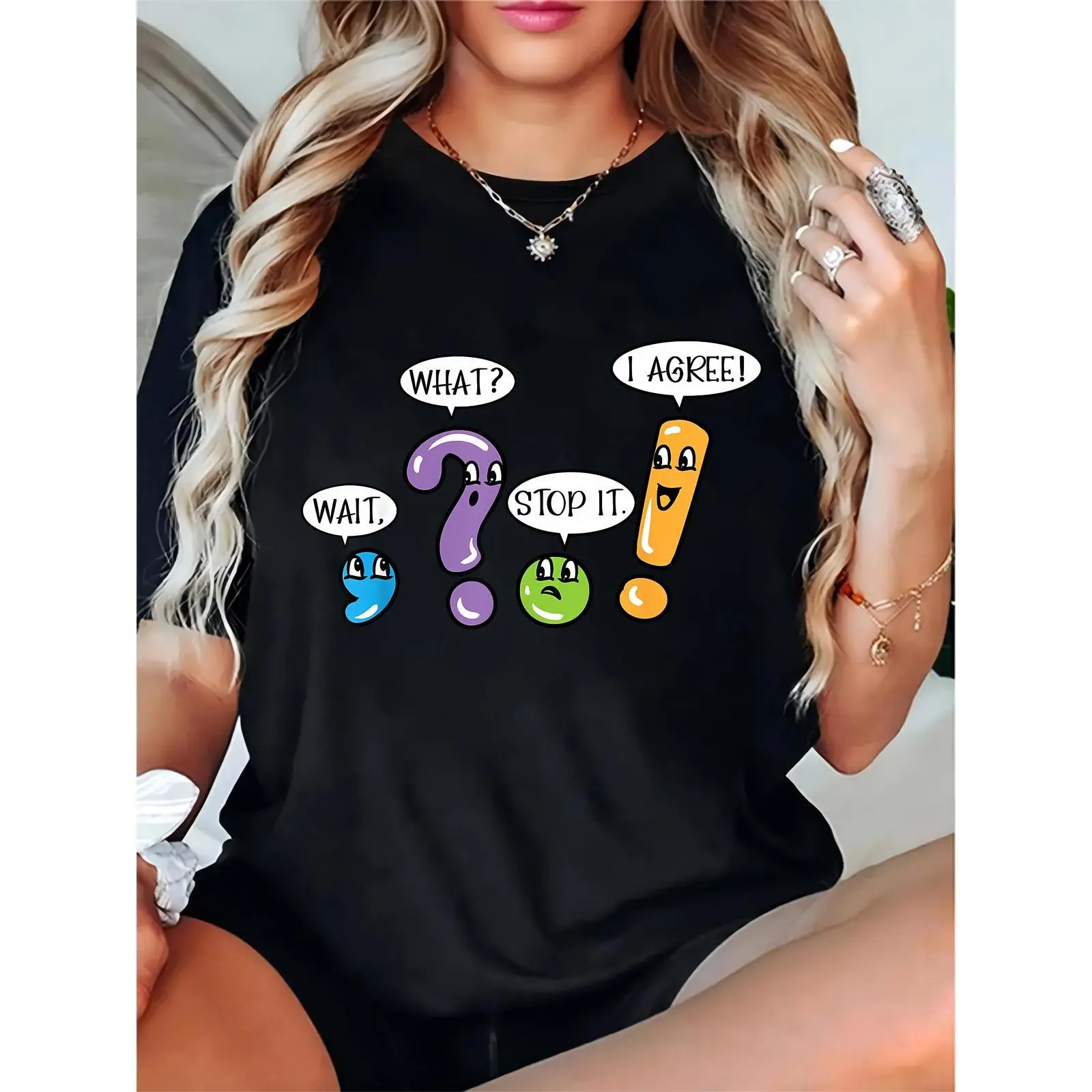 Ladies' Elegant Simple Essential Short-Sleeve Black Tee - Cartoon Punctuation Characters, Cute Faces, Speech Bubbles ("WHAT?", "WAIT.", "STOP IT.", "I AGREE!") - Feminine Casual Day Wear Clothes, Breathable, Comfortable, Fitted, Versatile with Skirts, Reg