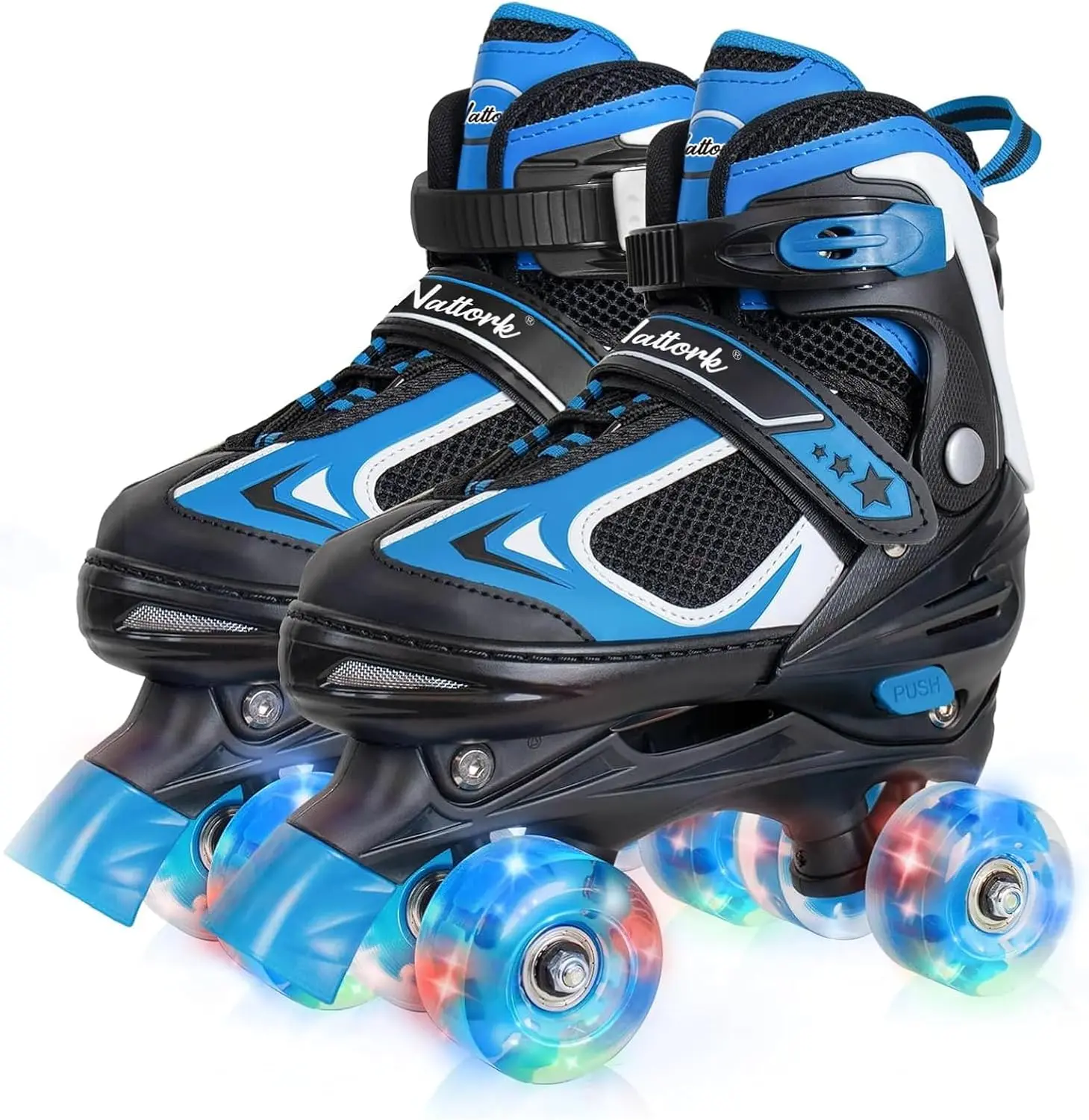 4-Size Adjustable Quad Roller Skates for Kids Toddlers Boys Girls, Light Up Flashing Wheels Beginner Skates Indoor Outdoor Sports