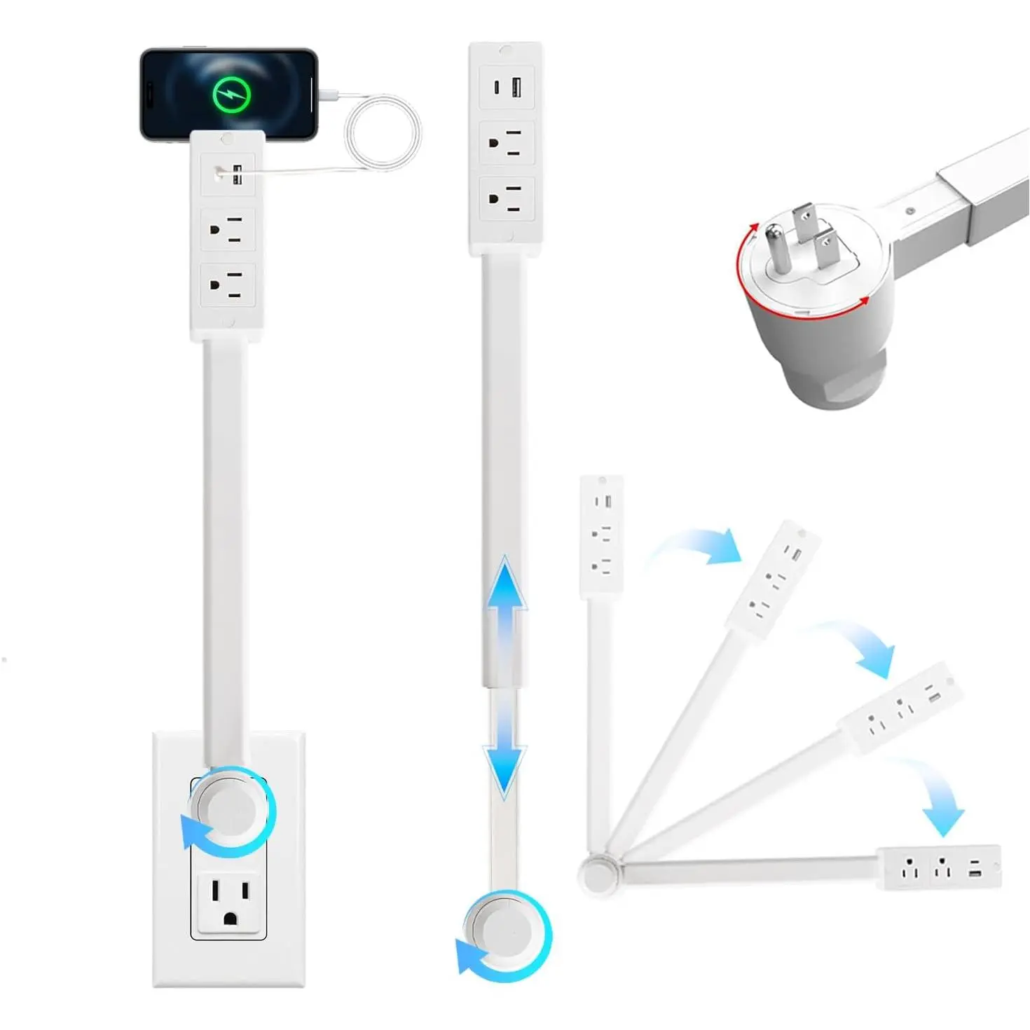 Electrical Outlet Extender Features USB-A, USB-C and 2 AC Electrical Outlet Extender Stick for Hard to Reach Spaces, Extends 22"-27", Rotates 180°, Use Behind Couches, Nightstands, Desks, More