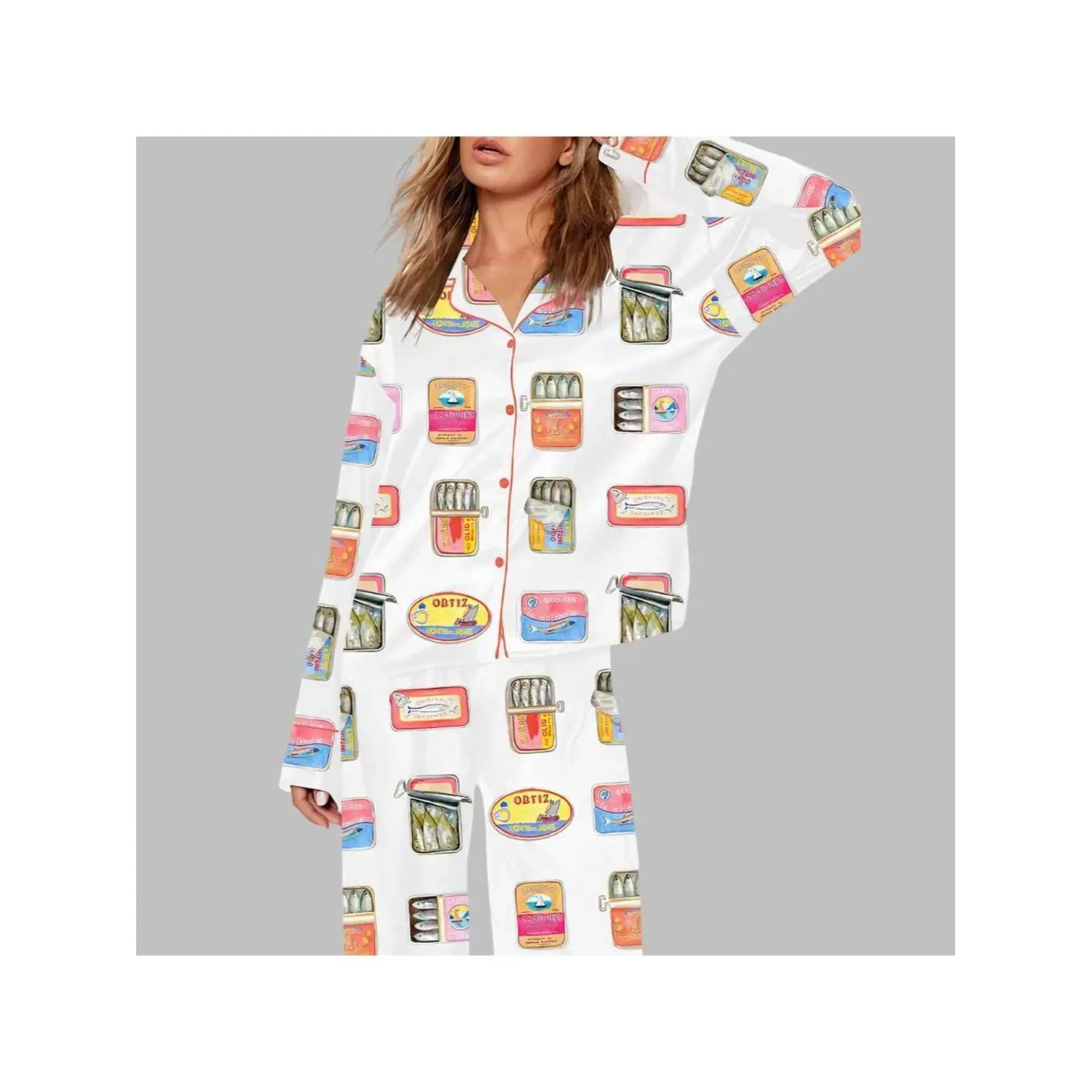 Women’s Vintage-Style Sardine Can Label Print 2-Piece Pajama Set, Long-Sleeve Button-Down Shirt & Wide-Leg Pants, Soft Cozy Loungewear for Food Lovers