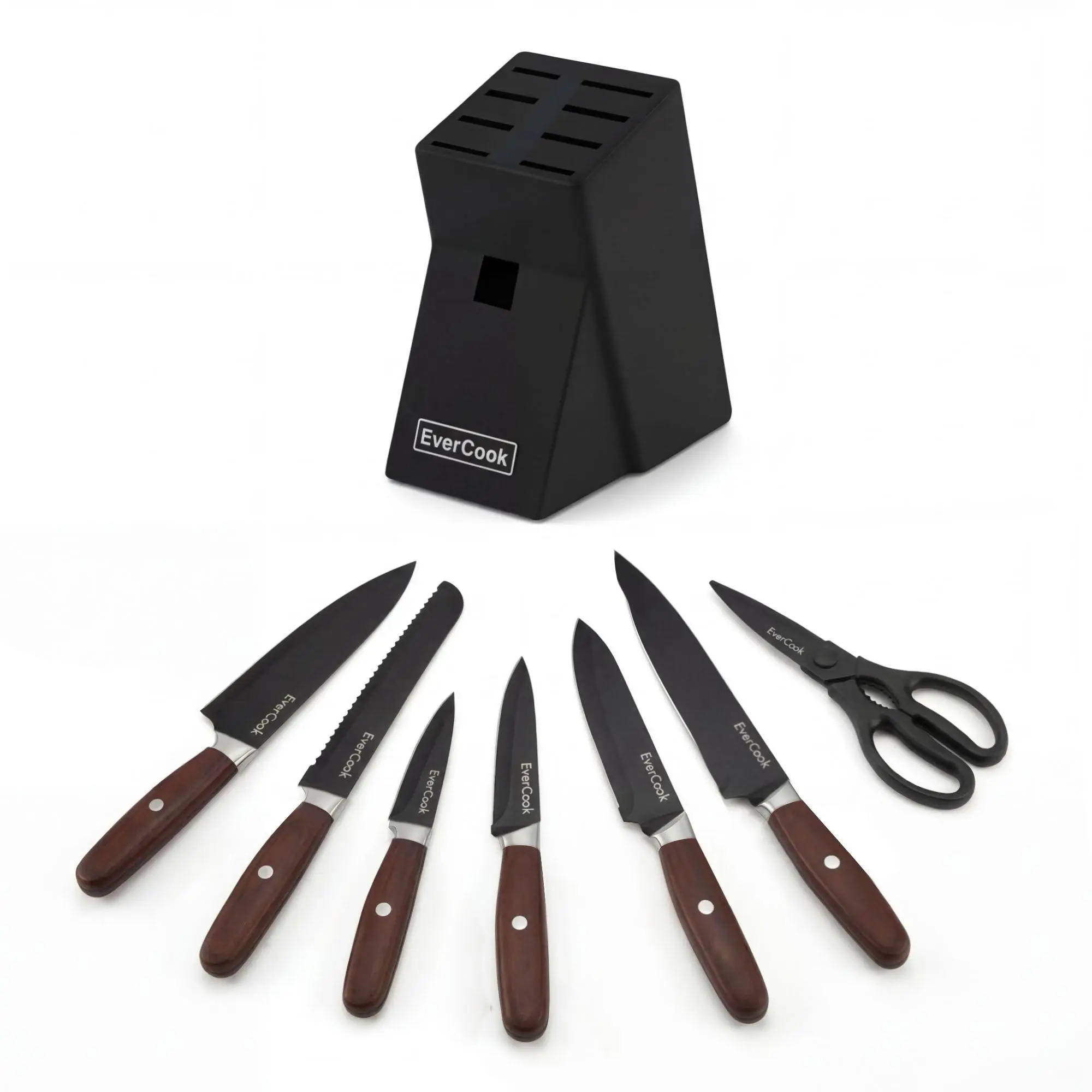 EverCook 8Pc Knife Block Set, Black Matte Blade, Wood Handle, Rubberwood Block
