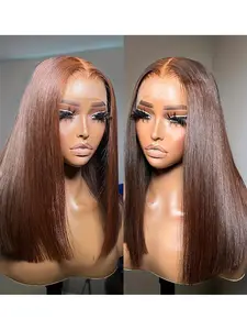 Women's Chocolate Straight Bob Wig, Natural Brazilian Real Hair, 180% Density, 13x4 Transparent Lace Front, Daily & Special Occasion Style, Human Hair Wigs