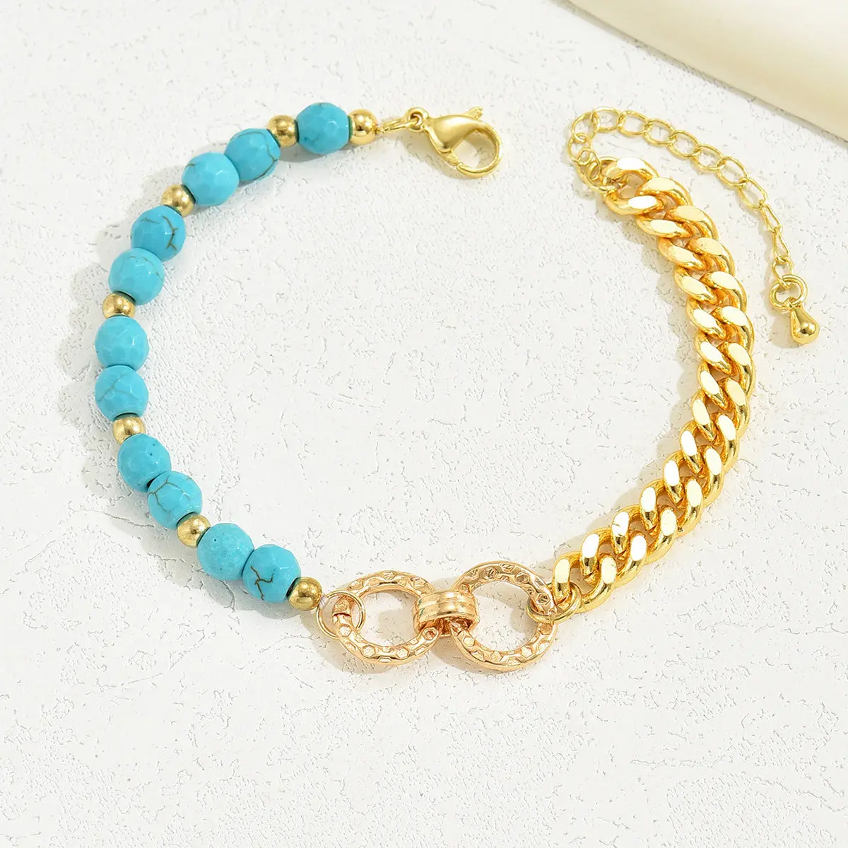 Boho Chic Turquoise & Gold Multi-Layer Bracelet - Adjustable Double Ring Design