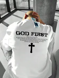 God First Cross Quote Graphic T-Shirt, Religious Faith Print Tee, Oversized Crew Neck Shirt, Christian Casual Short Sleeve Top, Trendy Faith Aesthetic Cotton Tee for Christian Believers, Religious Streetwear Fans and Faith-Focused Style Enthusiasts