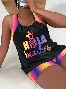 【Plus Size】 Rainbow Ombre Letter Print Tankini Set, Casual Sleeveless Swim Top & Swim Bottom Two-Piece Swimsuit for Beach Holiday Vacation, Women's Swimwear for Spring & Fall, Tankini Swimsuits Women