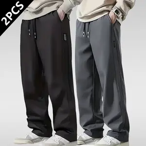 2 Pack Men's Lightweight Straight Leg Pants Breathable Polyester All Season Business Casual Trousers Solid Machine Washable Athletic Bottoms for Hiking Daily Outdoor Wear