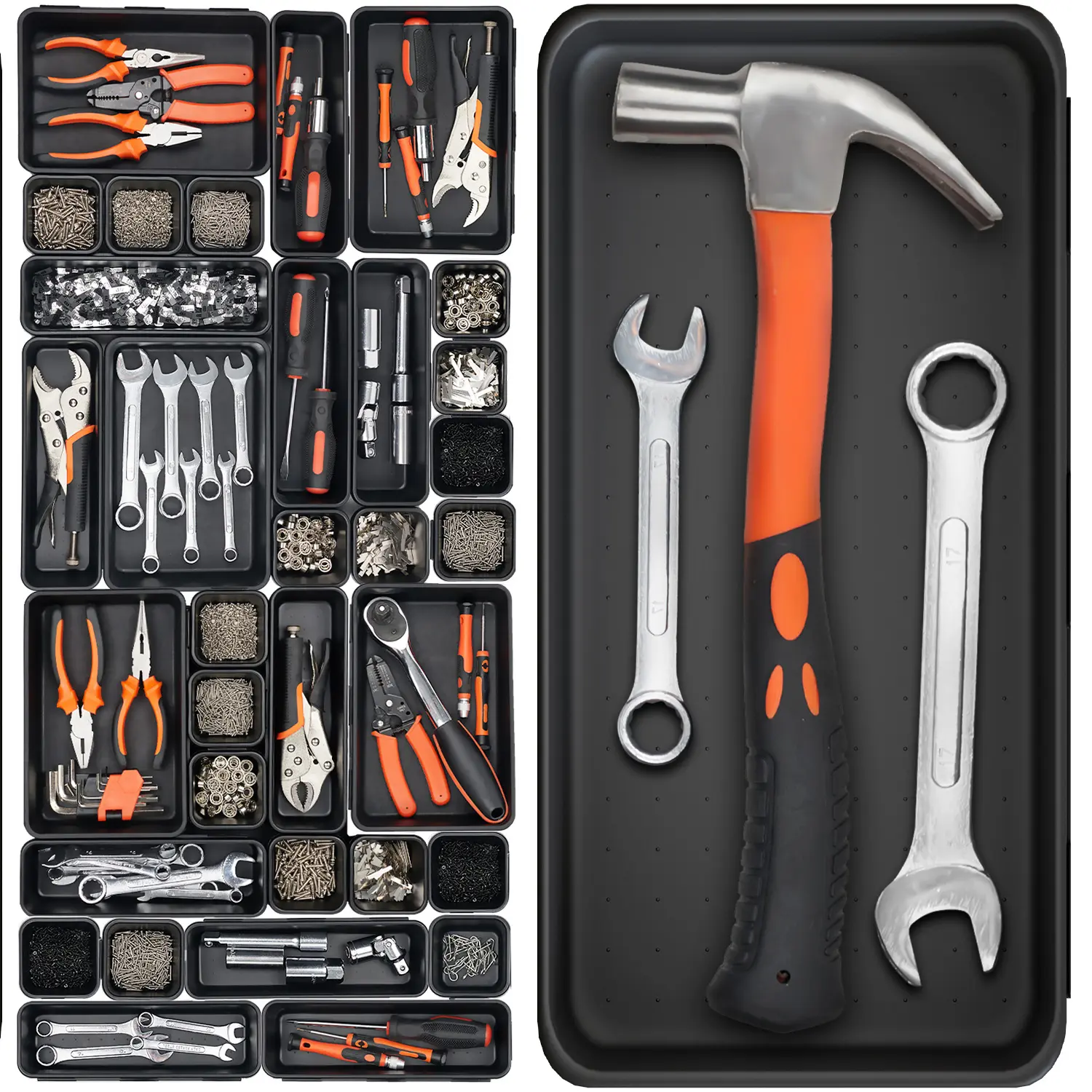 46 Pack 5-Sizes Large 12'' Tool Box Organizer Tray, Tool Box Organizers and Storage, for Hammer, Wrench, Screw, Small Parts Toolbox Organization, Tool Cart Chest Garage Drawer Organizer Tray, Black