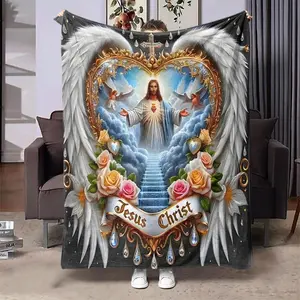 Jesus & Angel Pattern Blanket, Soft Throw Blanket, Air-conditioned Room Blanket, Warm Nap Blanket for Home Office Travel Camping