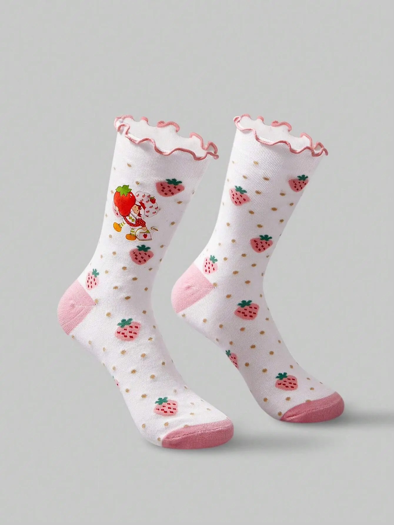 Strawberry Shortcake Women's Cute Strawberry Print Mid-Calf Socks with Elegant Ruffle Trim, Comfortable Fit, 1 Pair - Lady, Fashionable Style, Elegance, Adults, One Pair