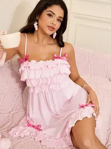 SweetSlumber Women’s Multi-Layer Ruffle Trim Sleeveless Nightgown – Cute Bow Decor Babydoll Sleep Dress, Festive Holiday Season Lingerie Style