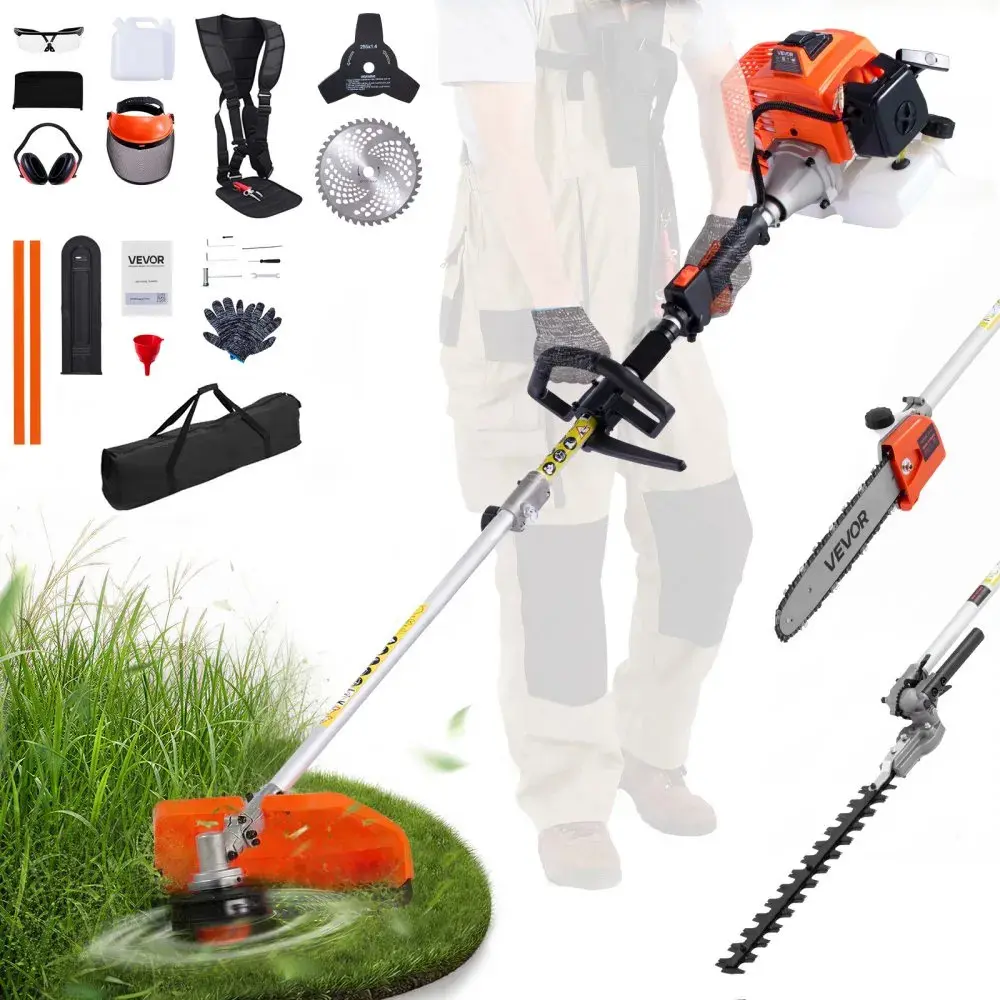 【summerfinds】VEVOR Gas Hedge Trimmer, 2 Cycle Gas Power Handheld Hedge Trimmer, 5-in-1 63cc Cordless Weed Eater with Protective Gear Set, Includes Hedge and String Trimmer, Brush Cutter(3T & 40T Blades), Pole Saw