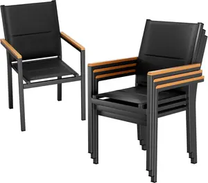TLGREEN Patio Chairs Set of 2/4/6, Stackable Aluminum Outdoor Chair with Padded Textilene & WPC Handrail, 17" Seat Height, All Weather Chair for Patio, Balcony, Poolside & Restaurants, Grey