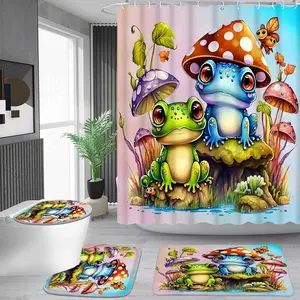 1/4 piece cartoon frog mushroom pattern shower curtain set, waterproof shower curtain with 12 hooks, non-slip bathroom carpet, toilet U-shaped cushion, toilet seat cover cushion, bathroom shower curtain set, perfect moving gift.