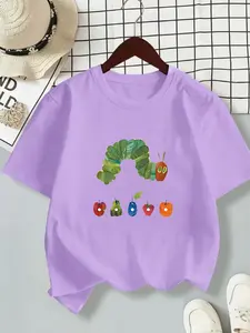 Summer Kids Short Sleeve T-Shirt, Cute Cartoon Hungry Caterpillar Print, Unisex Casual Round Neck Tee, Breathable Comfort, Essential Daily Wear