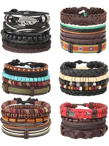 26Pcs Woven Braided Leather Bracelet for Men Women Hemp Cords Wood Beads Cuff Bracelets Adjustable Beaded Bracelets