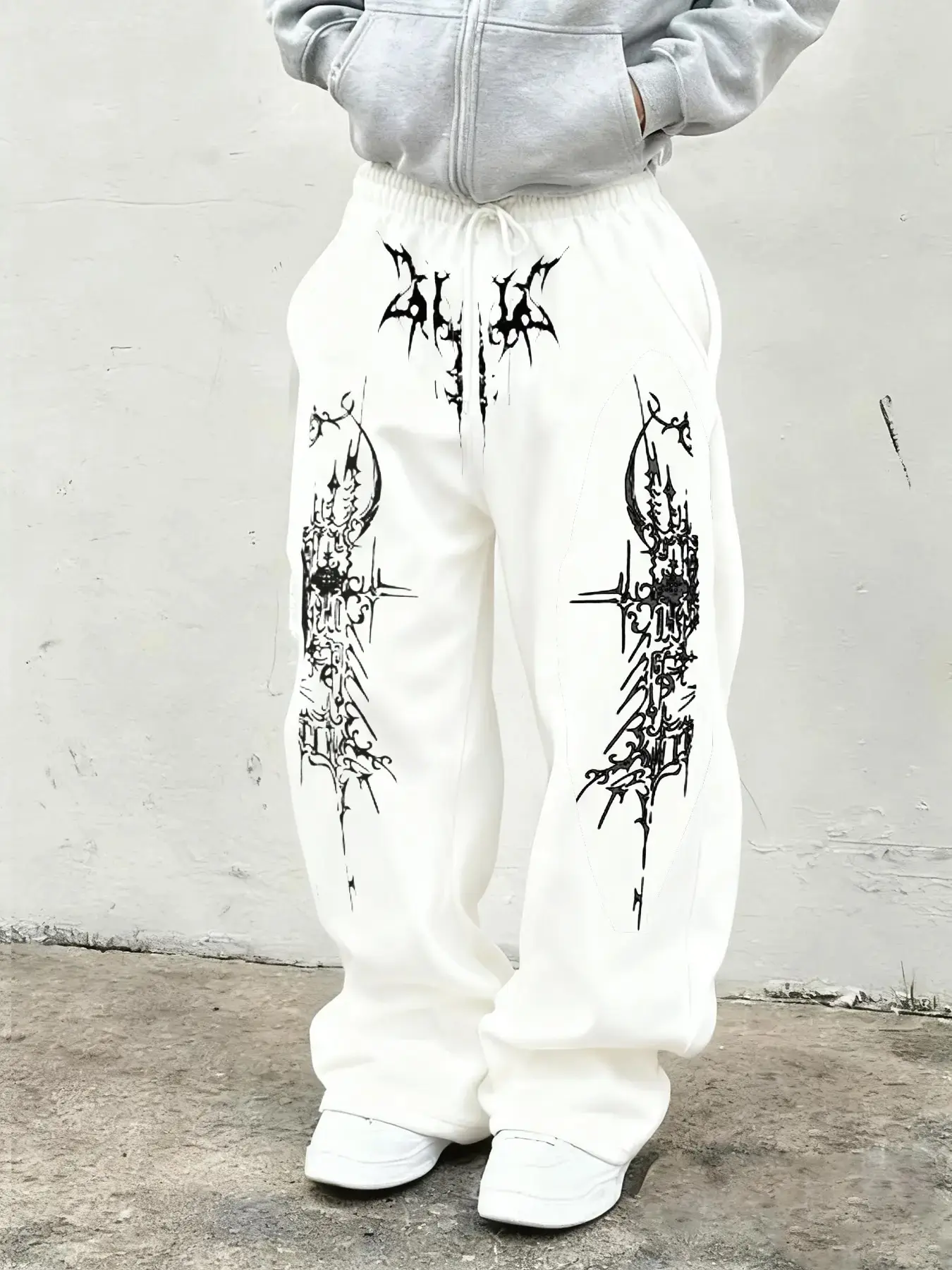 Gothic Thorn Totem Wide Leg Sweatpants, Y2K Style, Unisex, Streetwear, Skateboarding, Subculture, Soft Cotton, and Contrast, Drawstring