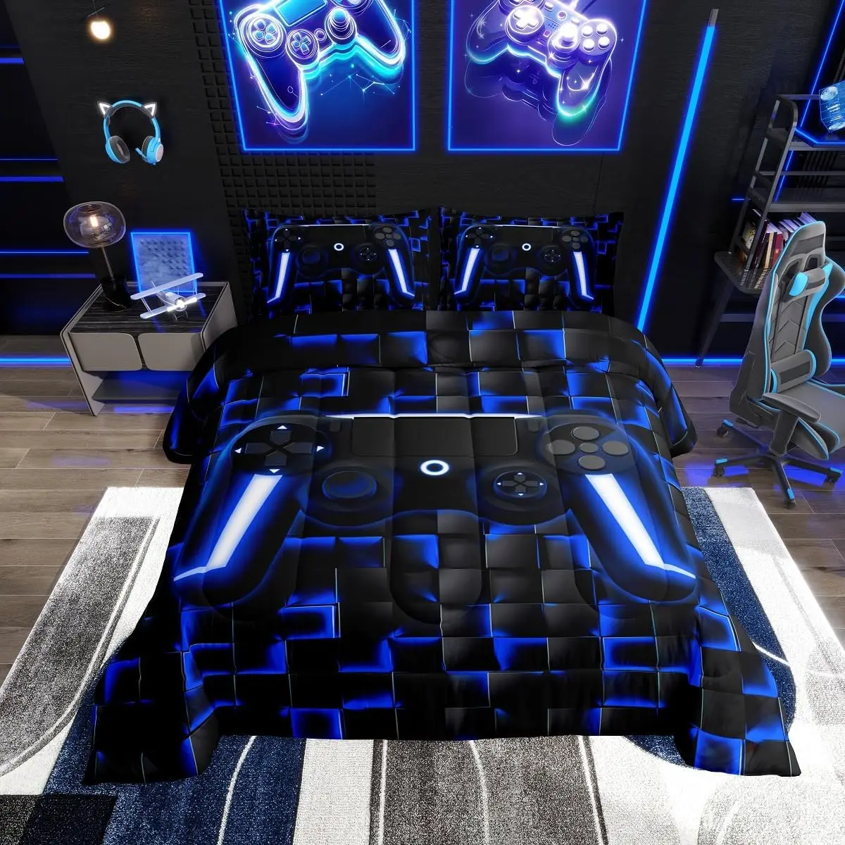 Feelyou Boys' King Gamer Bedding Set - Blue Video Game Themed Comforter with Geometric Pattern, Game Console, Neon Lights, Gamepad Designs, Low Roll Over, Guest Room Decor, RV-Friendly, Bedding Blanket, Do Not Bleach, Includes Bedding Components