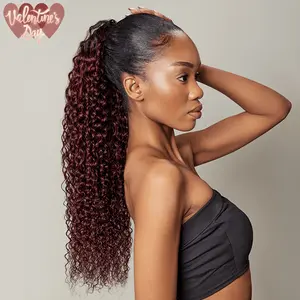 [Clearance Sale] Frodio Ponypop Burgundy Curly Water Wave Ponytail Hairstyle 100% Human Hair Extension Sleek And Full Ponytail Wig Drawstring Ponytail - Tyra