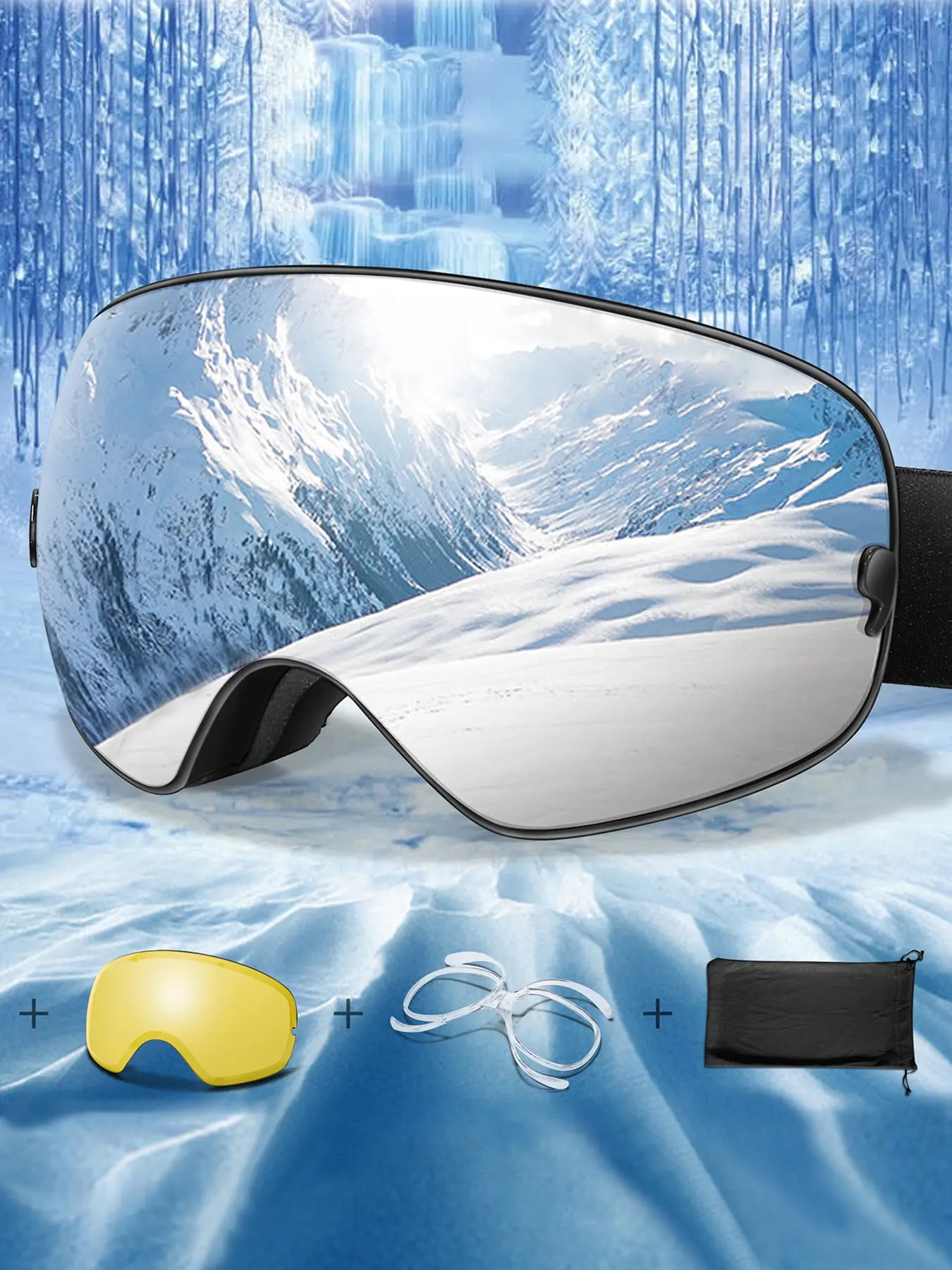 Unisex Fashion Ski Sunglasses + Night Vision Replacement Lenses, OTG Snowboard Goggles, Removable Anti-Fog UV Protection