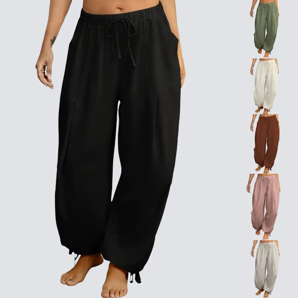 Women's Linen Balloon Barrel Beach Sport Pants Boho Harem Flowy Drawstring Casual Loose Pants with Pockets gym fits baggy Summer Wide Leg Basic Lightweight Bottom Love