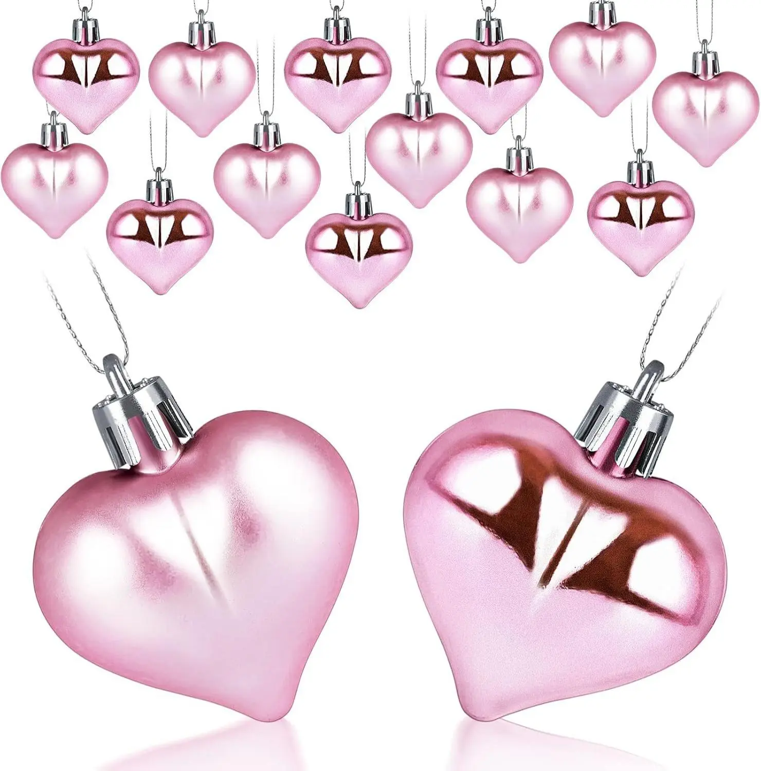 15 PCS Plastic Heart-Shaped Wall Hanging Ornaments - 1.77 in Diameter Solid Color Room Decoration Ornaments for Holiday, Valentine's Day, Christmas Tree (Pink)
