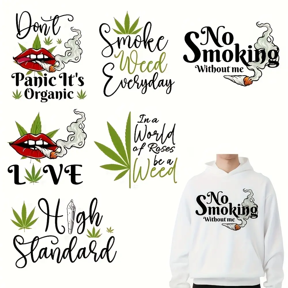 6-Piece Set Multicolor Vinyl Weed Pattern Theme DIY Embroidery Transfer Stickers, Washable, Instant Use, Multipurpose Use, Unique Themes, DIY Products, for T-Shirts, Masks, Jeans, Backpacks
