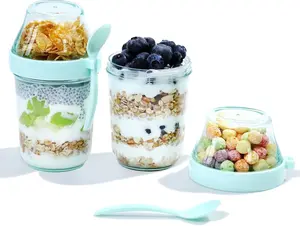 [New Del] 2 Pack On the Go Yogurt Parfait Snack Cups with Lid, Reusable Acrylic Travel Jars for Chia Pudding, Portion Control Breakfast & Lunch Containers, Small Fridge Food Storage (2, Green) Kitchen Utensils