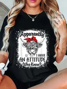 100% Cotton Unisex Bleached Highland Cow Apparently I Have An Attitude Who Knew T-Shirt Casual Top