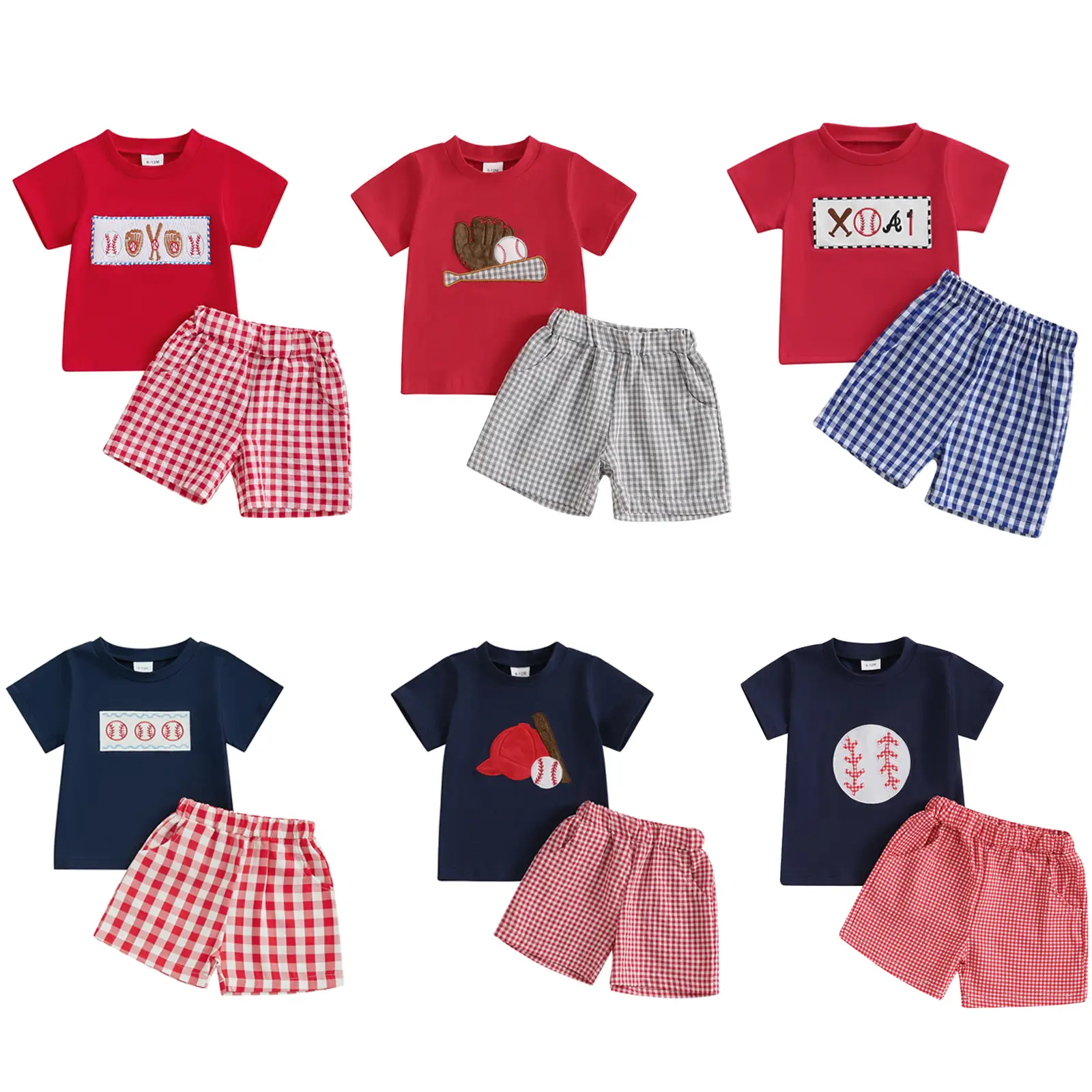 Toddler Baby Boy Two Piece Outfit Baseball Bat Palm Embroidery Short Sleeve T-shirt Tops Gingham Plaid Shorts Game Day Football Casual Tracksuit #Spri