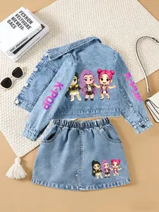 K-Pop Girl Group Denim Two-Piece Set, Short Denim Jacket + Elastic Waist Skirt, Cartoon Print Casual Fashion, Ages 1-8
