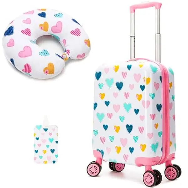Cute 3-in-1 Rolling Luggage Set for Girls, Heart Pattern Hard ABS Shell Trolley with Spinner Wheels, Matching Neck Pillow & ID Tag, Cute Luggage, Heart Print, Chic, Sweet Heart